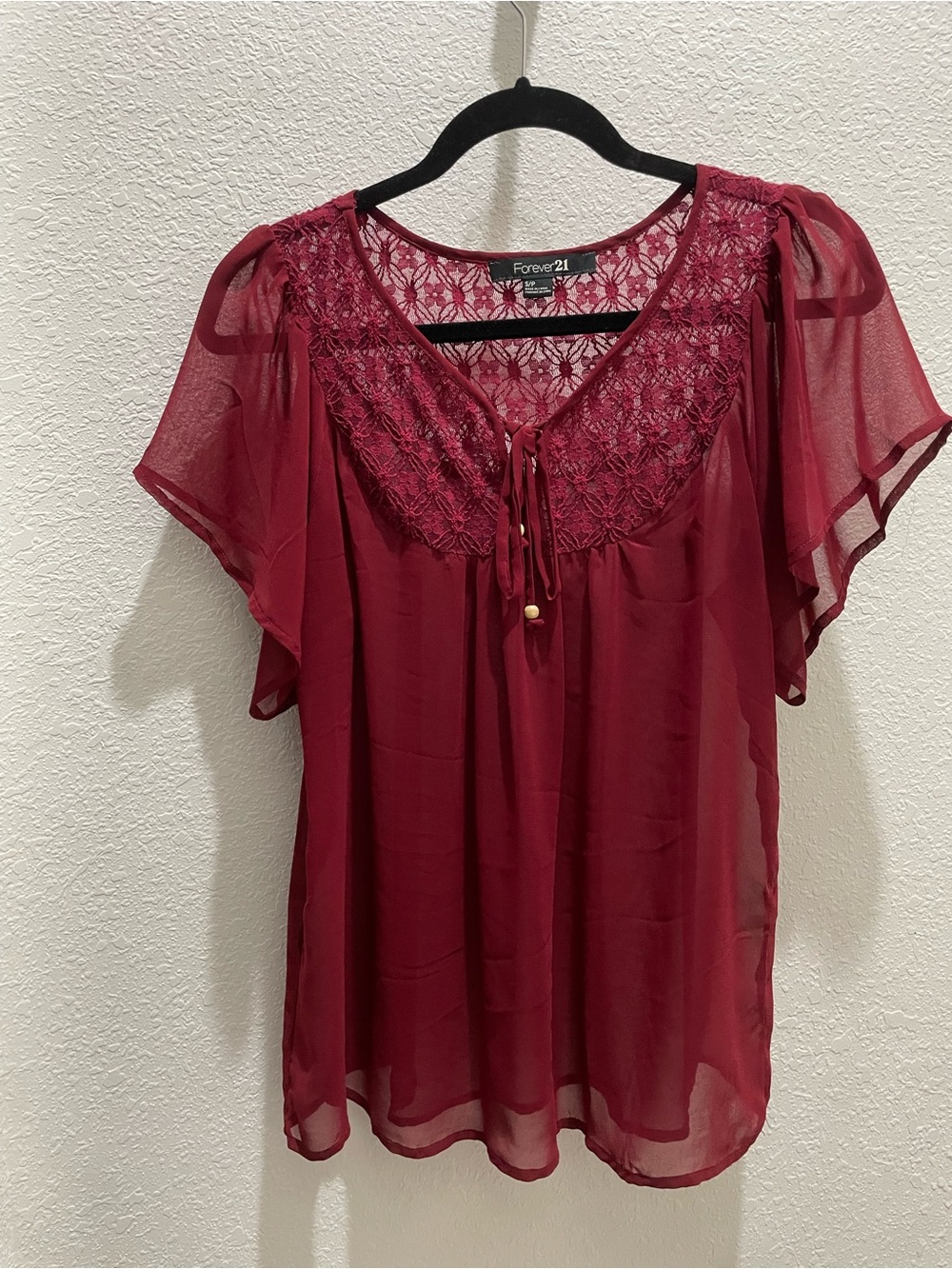 Forever 21 Burgundy Lace Yoke Flutter-Sleeve Blouse